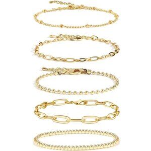 14K Real Gold Link Dainty Bracelets Stake Adjustable Layered Bracelet Set